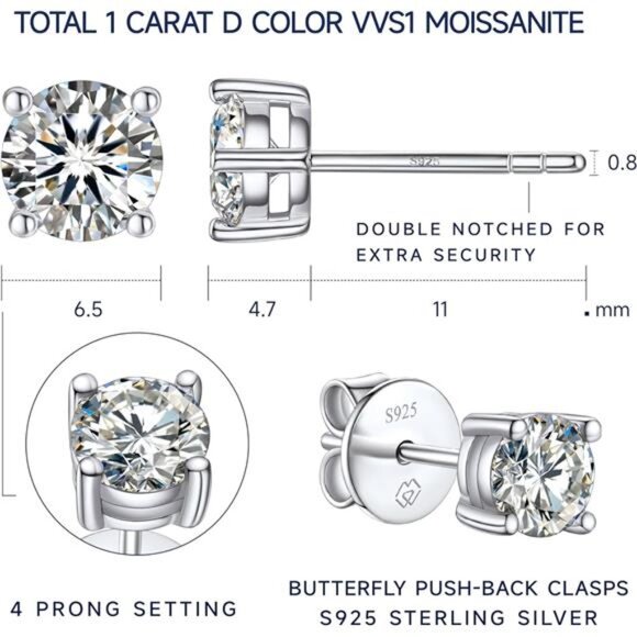Moissanite Earrings, MomentWish Moissanite Handmade Earrings, D Color VVS1 - Picture 6 of 7